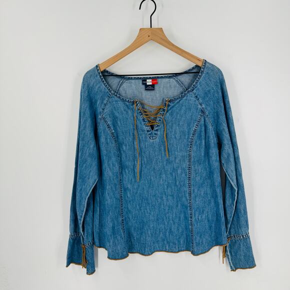 French Kuff Vintage Denim Lace-Up Peasant Top Long Sleeve Boho Size Large - Picture 7 of 7